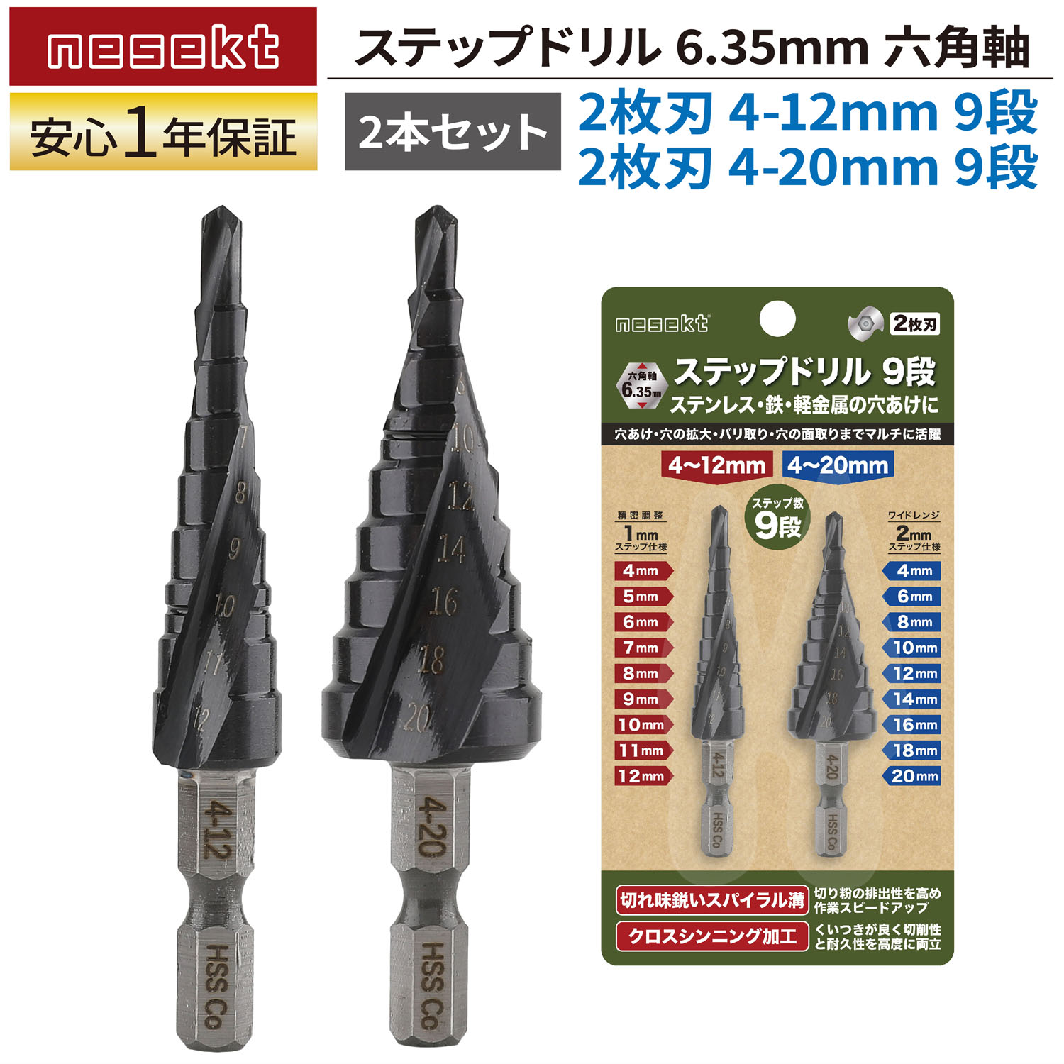 nesekt（ネセクト） ステップドリル 2枚刃 4-20mm 9段 6.35mm六角軸