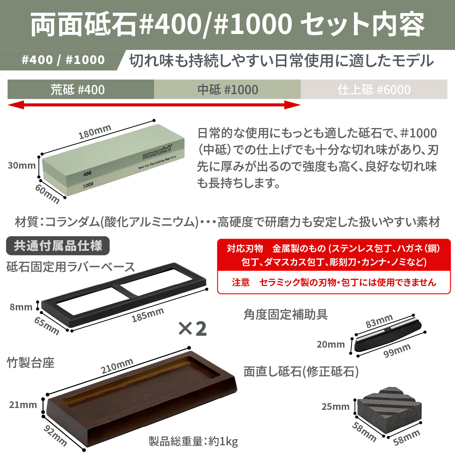 ネセクト] 両面砥石セット 面直し砥石 台座 刃物固定具付属 包丁砥石