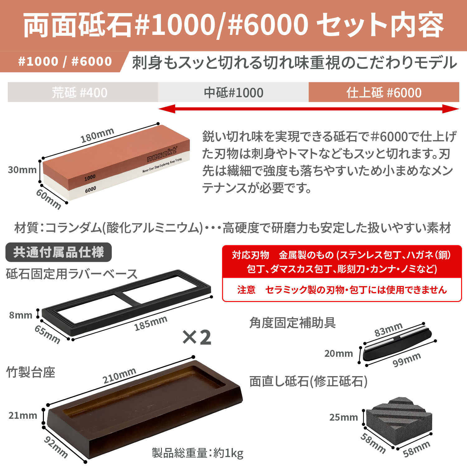 ネセクト] 両面砥石セット 面直し砥石 台座 刃物固定具付属 包丁砥石