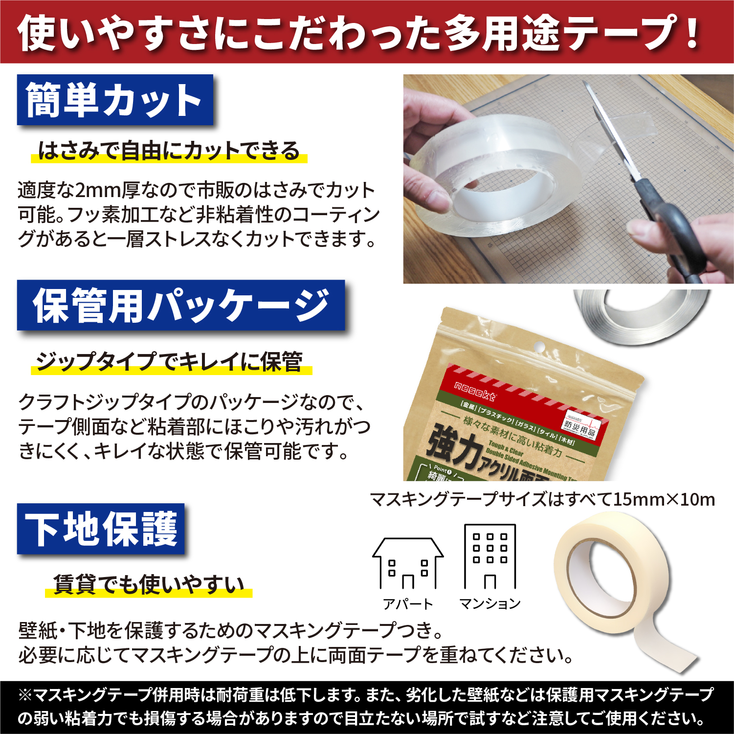 ネセクト] 強力両面テープ 長さ1m 幅3cm 厚さ2mm 防災テープ 転倒防止