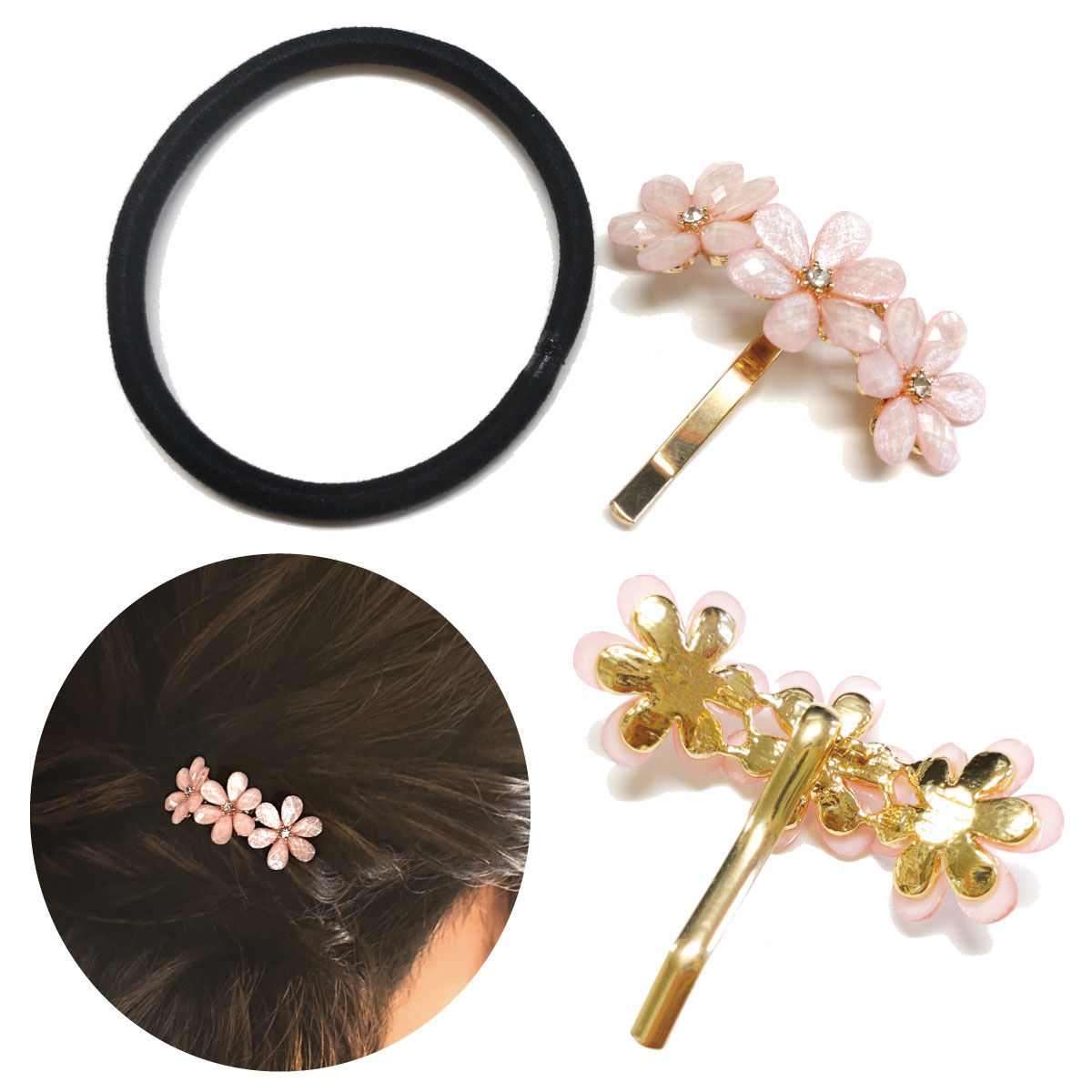 ポニーフック 差すだけ お花 モチーフ ヘアゴムつき 簡単 ヘアフック