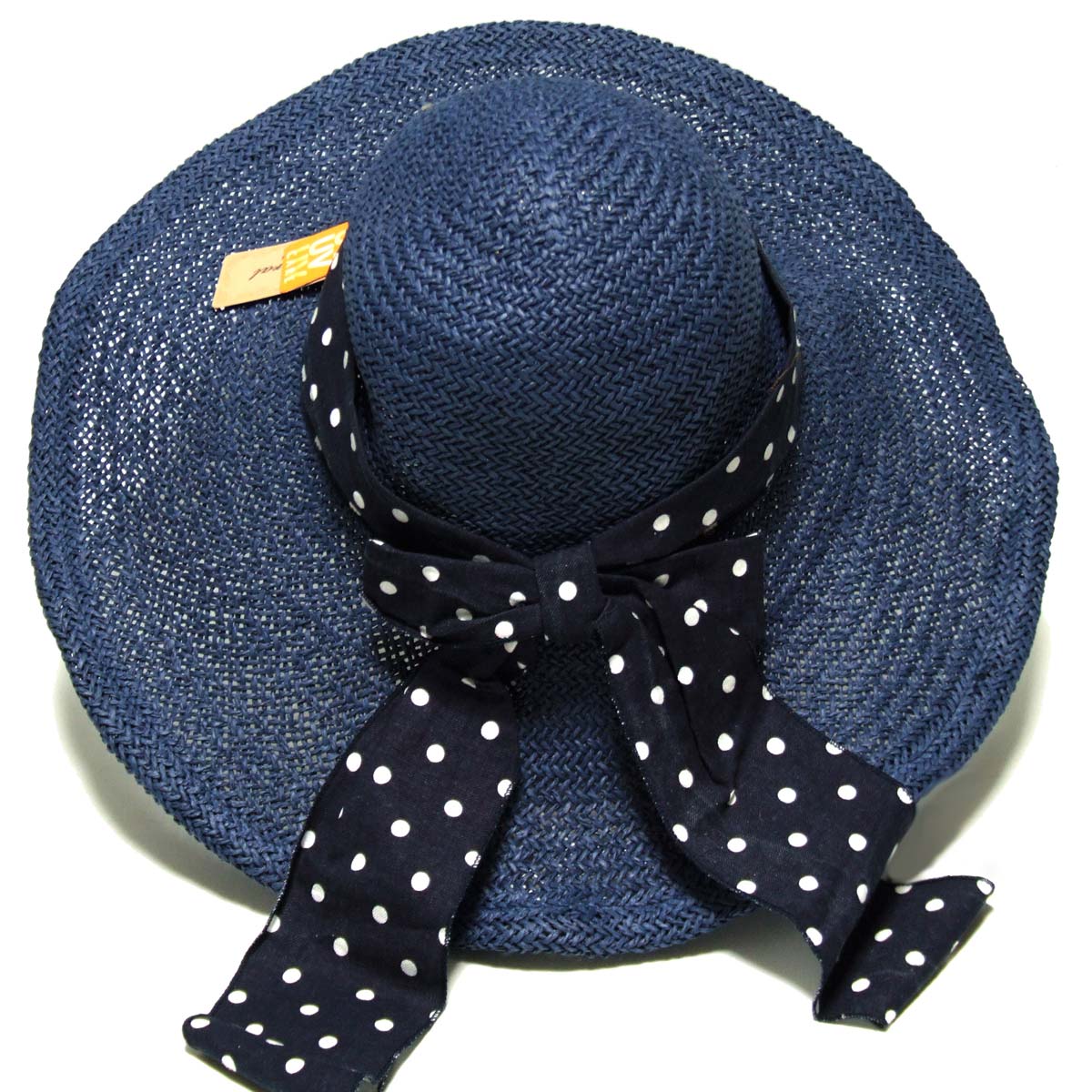 つば広 ハット 麦わら帽子風 軽くて涼しい つば12cm 水玉リボン 帽子  