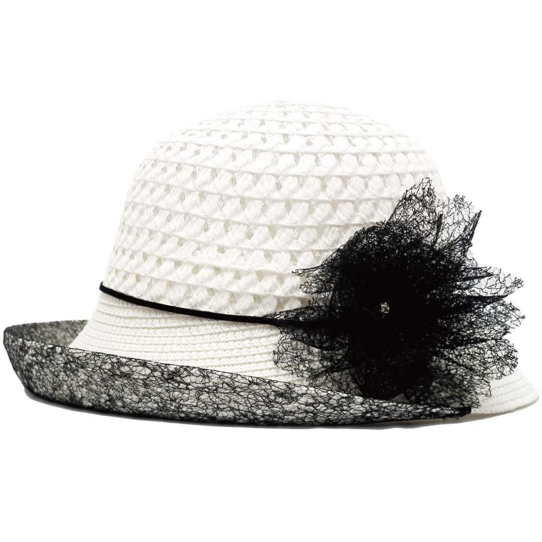 クーポンで20％OFF ハット レディース UV ブルトン風 コサージュ付 美シルエット レースMIX hat-1361 春夏 ボーラーハット 帽子｜hy-link｜02