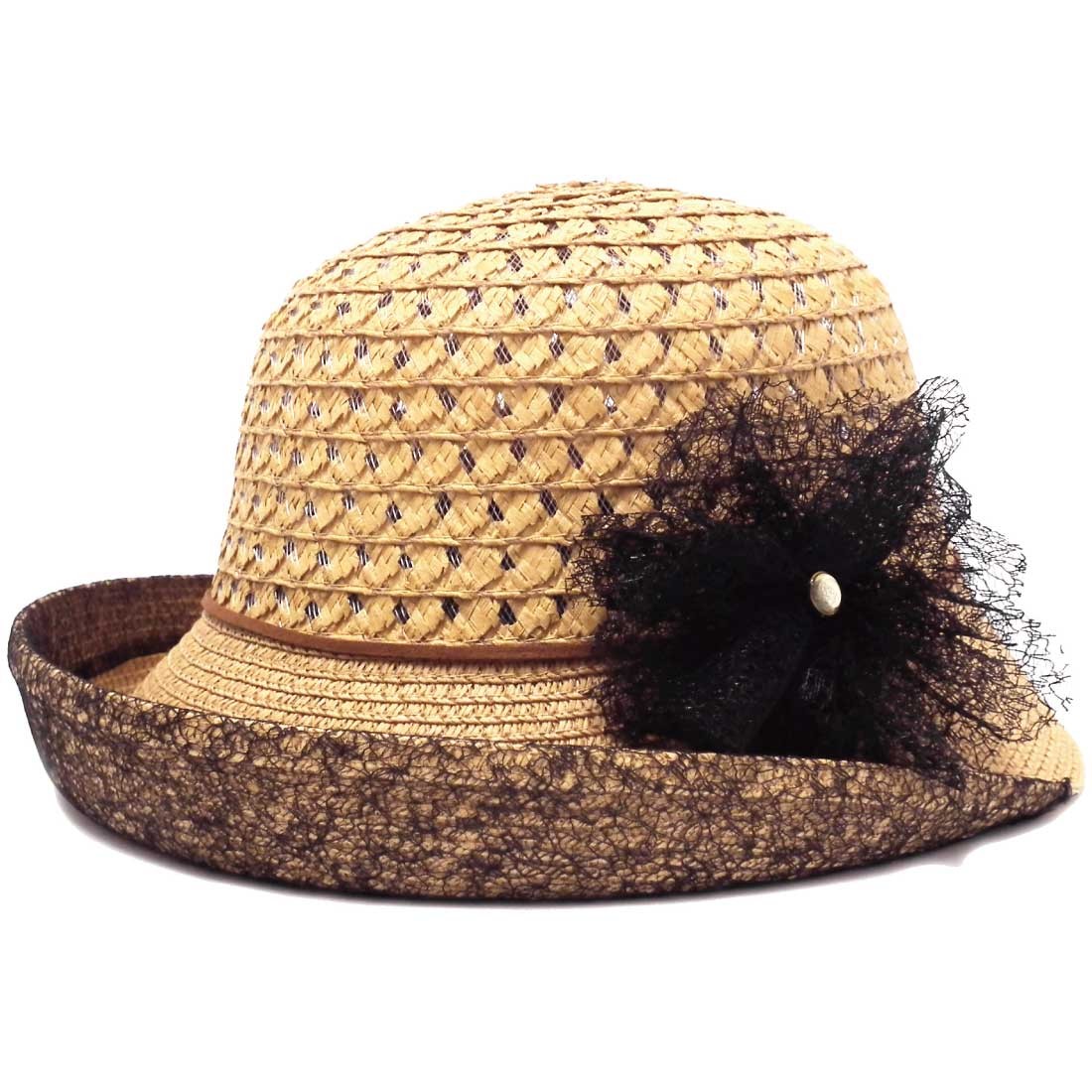 ハット レディース UV ブルトン風 コサージュ付 美シルエット レースMIX hat-1361 春夏 ボーラーハット 帽子｜hy-link｜03