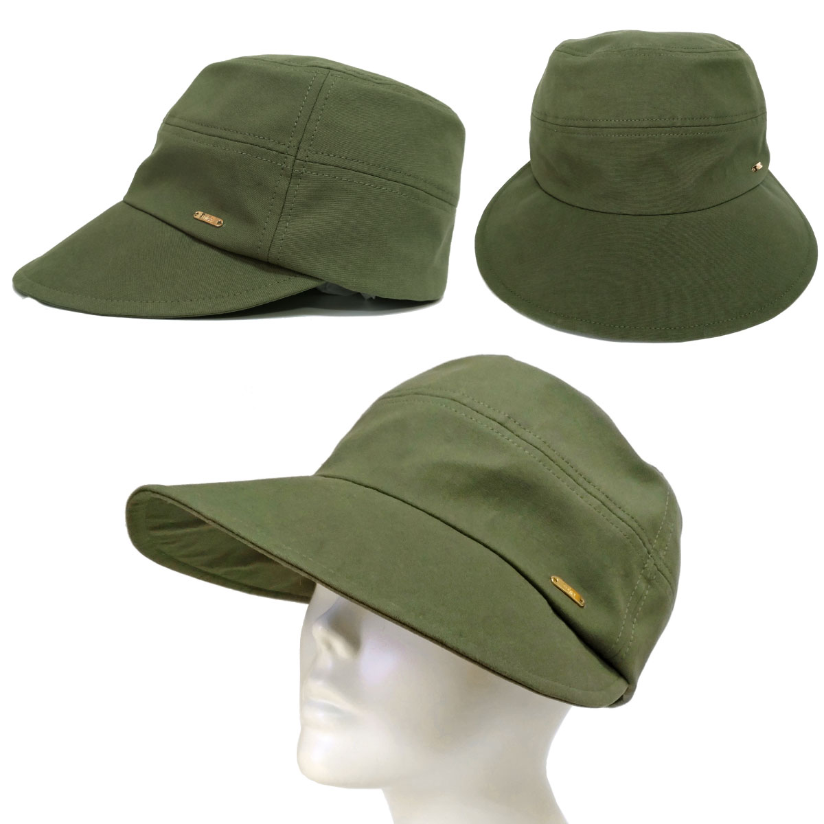 青緑キャベッジ　3重スリーブつき つば広 ワイドバイザー キャップ 遮光 UV99.9%カット 綿