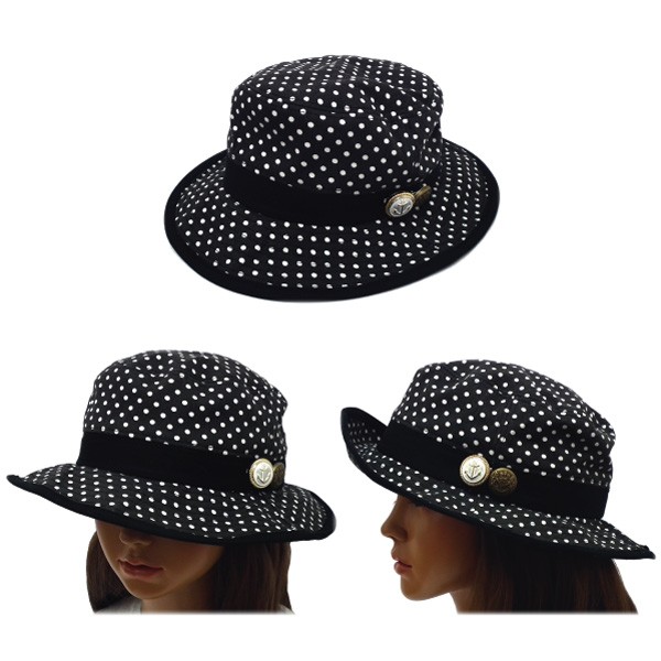 ドット柄 本物保証☆レア！超美品！CHANEL☆ドット柄バケットハット☆サイズL バケットハットワイヤー入り バッチ付き 水玉＆パイピング 帽子