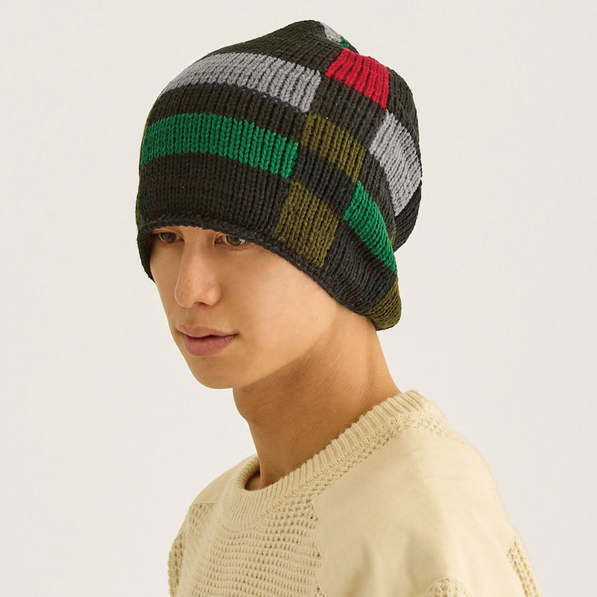 ニット帽 レトロなブロック柄 ニットワッチ 個性派 ゆったり ルーズな