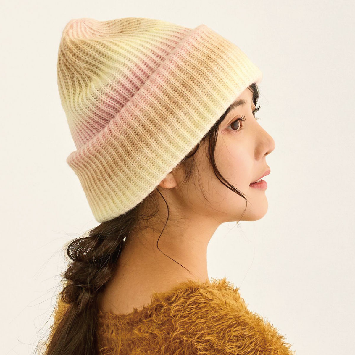 グラデーション ニット帽 耳まで暖かい ふんわり ロング ワッチ 秋冬