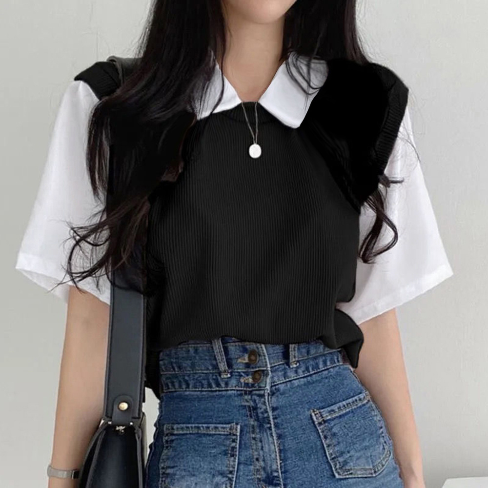 半袖ニットtシャツ レイヤード風Tシャツ レディース 襟付き