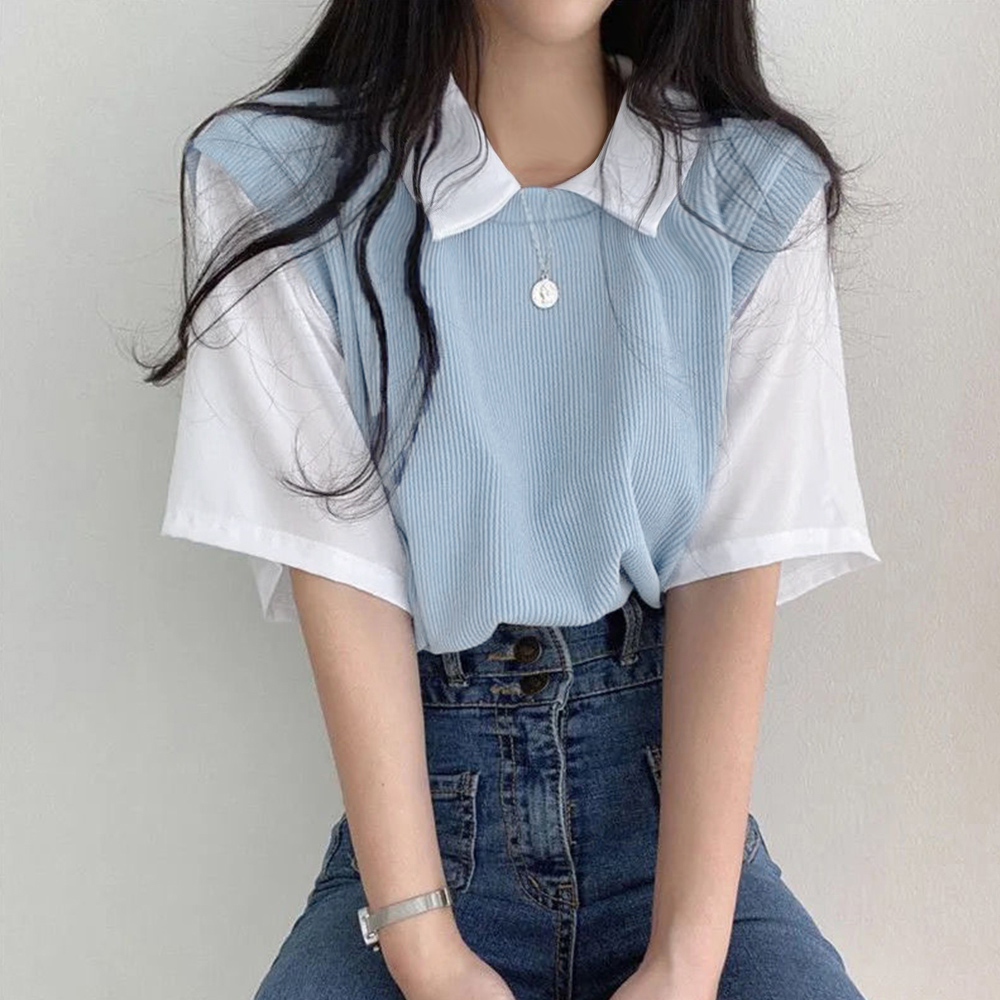 半袖ニットtシャツ レイヤード風Tシャツ レディース 襟付き