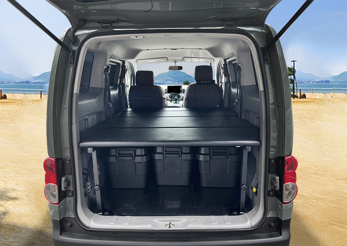 NV200 バネットワゴン ベッドキット [ブラック・ブラウンレザー] プレミアムGX-2R 16X-2R 4分割 バンライフ 荷室棚 車中泊 収納棚  hyog製 : btnv200w-lz : ヒョーグ - 通販 - Yahoo!ショッピング