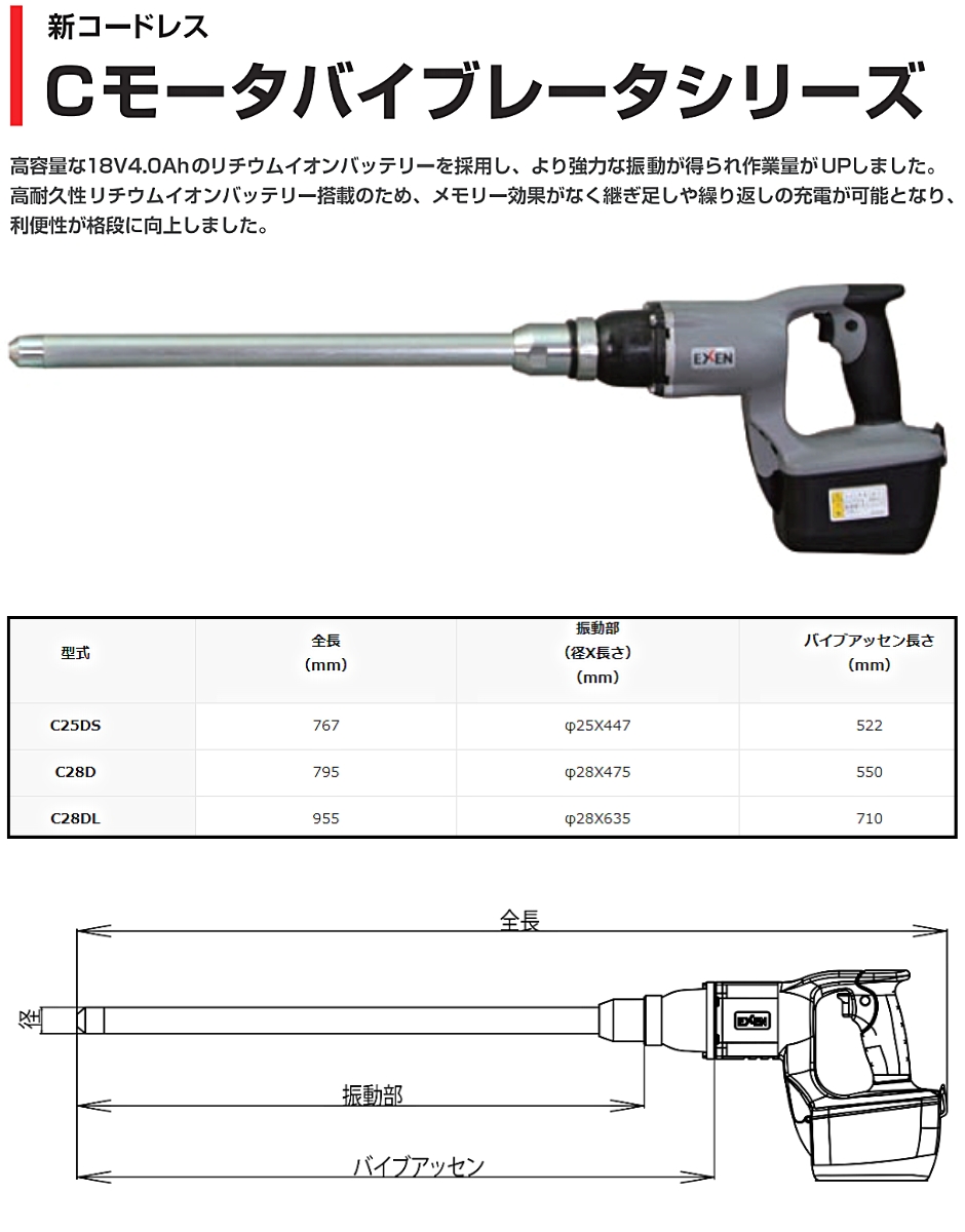 エクセン コードレスバイブレータ 電棒タイプ 標準 C28D EXEN