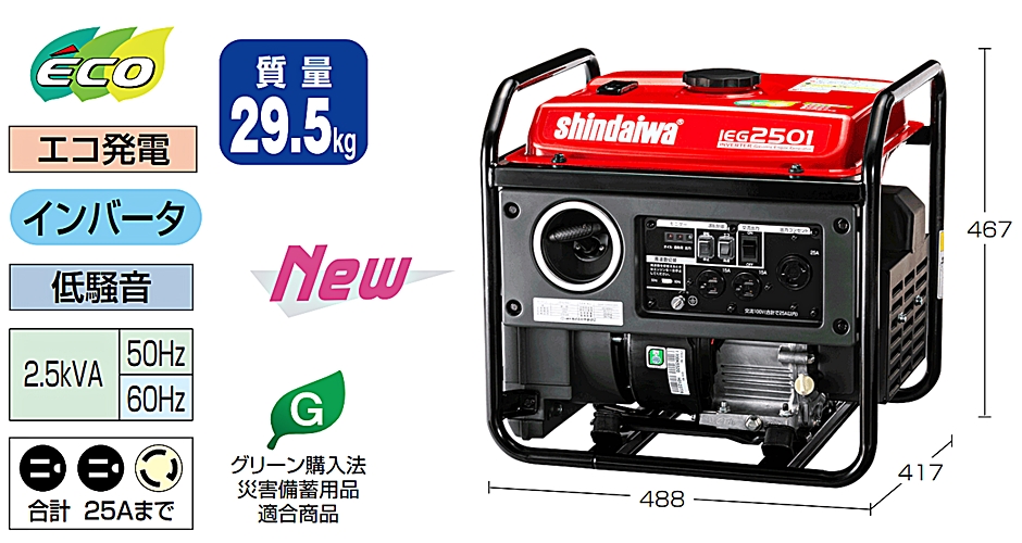 Shindaiwa iEG2500 インバーター発電機　ガソリン　高出力 新ダイワ インバーター発電機 IEG2500