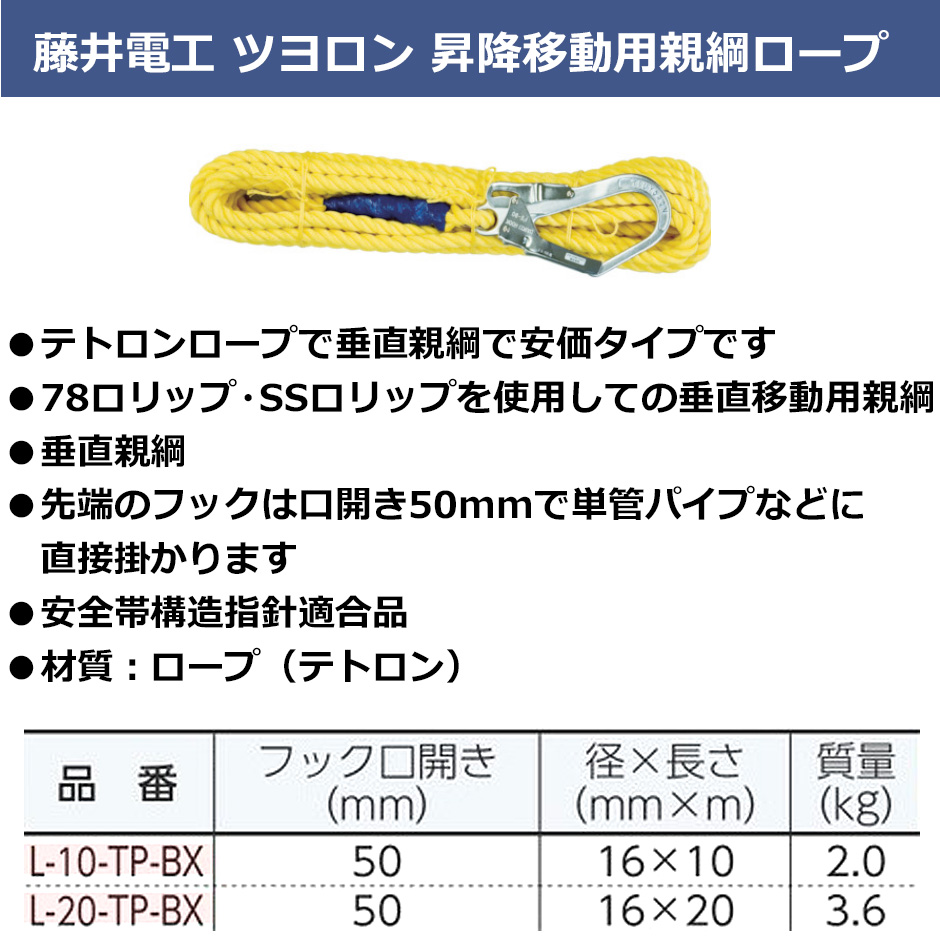 藤井電工 ツヨロン 昇降移動用親綱ロープ 20m L-20-TP-JAN-BX 垂直親綱 テトロンロープ