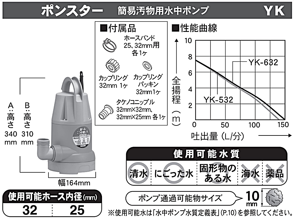 工進 簡易汚物用水中ポンプ ポンスター YK-632 YK632 32mm 60Hz 西日本