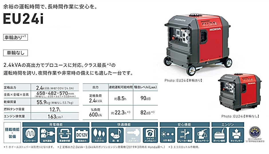 一流の品質 ホンダ インバーター発電機 EU24i ホイール仕様 防音 車輪