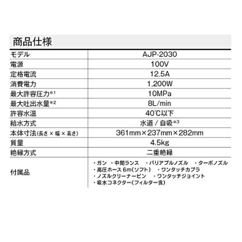 高圧洗浄機 AJP-2030 4960673685095 ミドルモデル 高圧ホース6m/静音