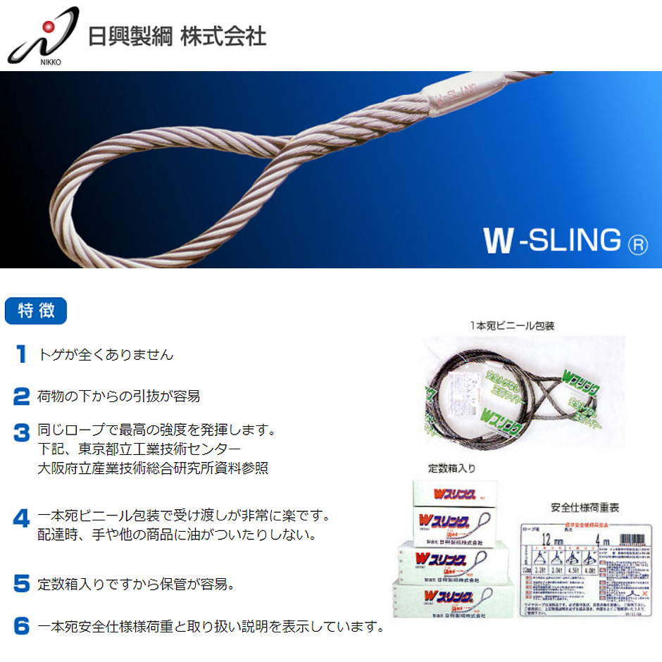 日興 Wスリング 16mm × 2.0m JIS規格 入数1本 玉掛ワイヤーロープ