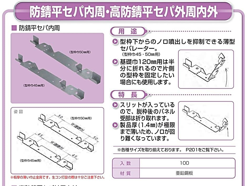 NSP 型枠45mmNSP用 防錆45平セパ150内周 (100入) エヌエスピー巾止金具