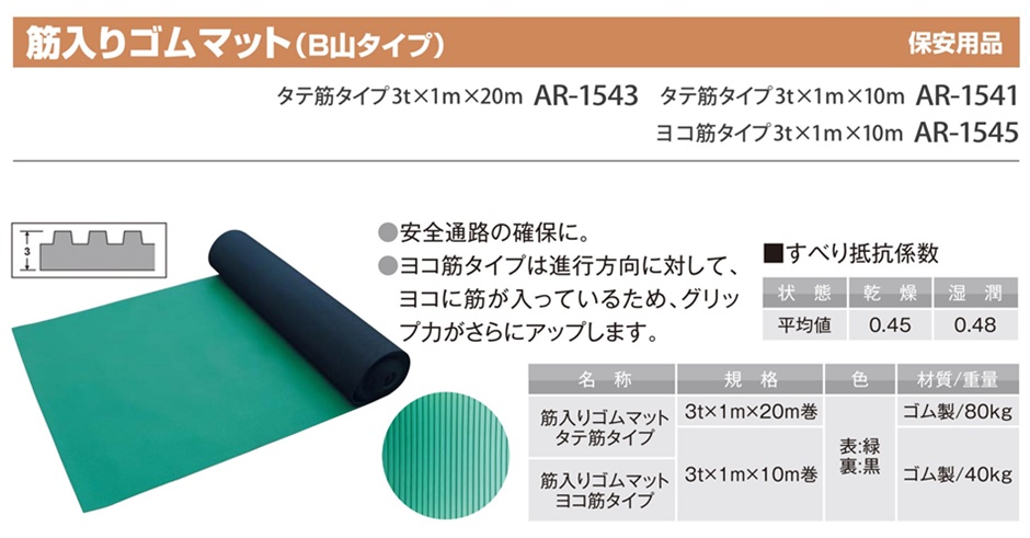 アラオ 筋入りゴムマット(B山マット) タテ筋タイプ 3t×1ｍ×10ｍ巻 40kg