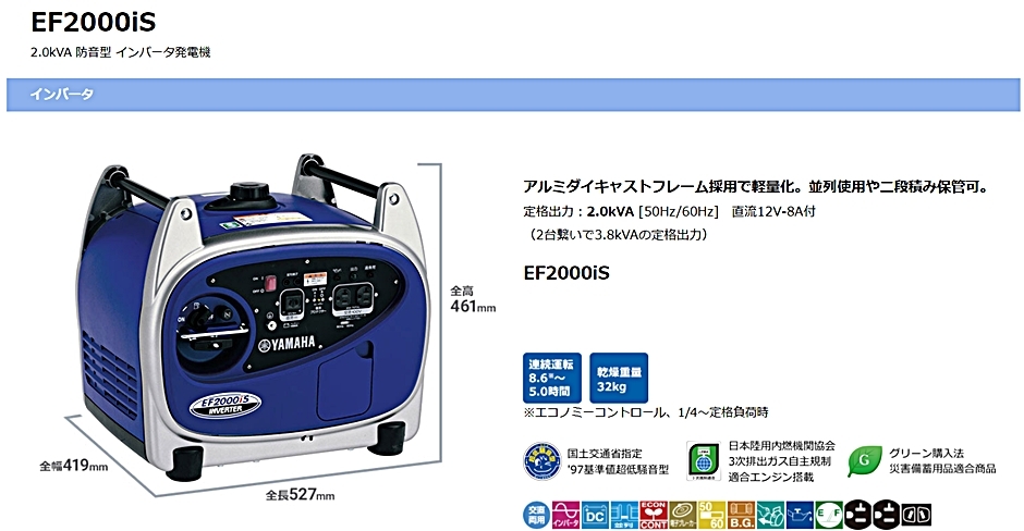 【売筋】YAMAHA/ヤマハ EF2000iS 防音型インバーター式発電機 訳ありジャンク品、部品とりに インバーター発電機