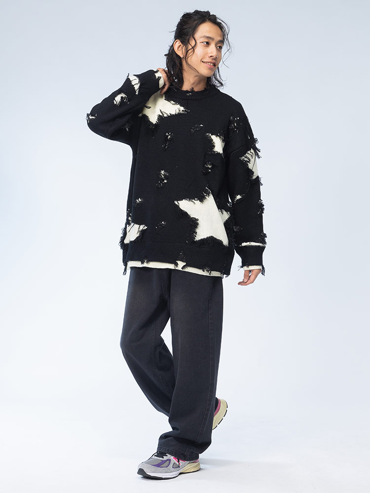 WOODENDOLL ニット グランジ星柄 クルーネック セーター メンズ 韓国