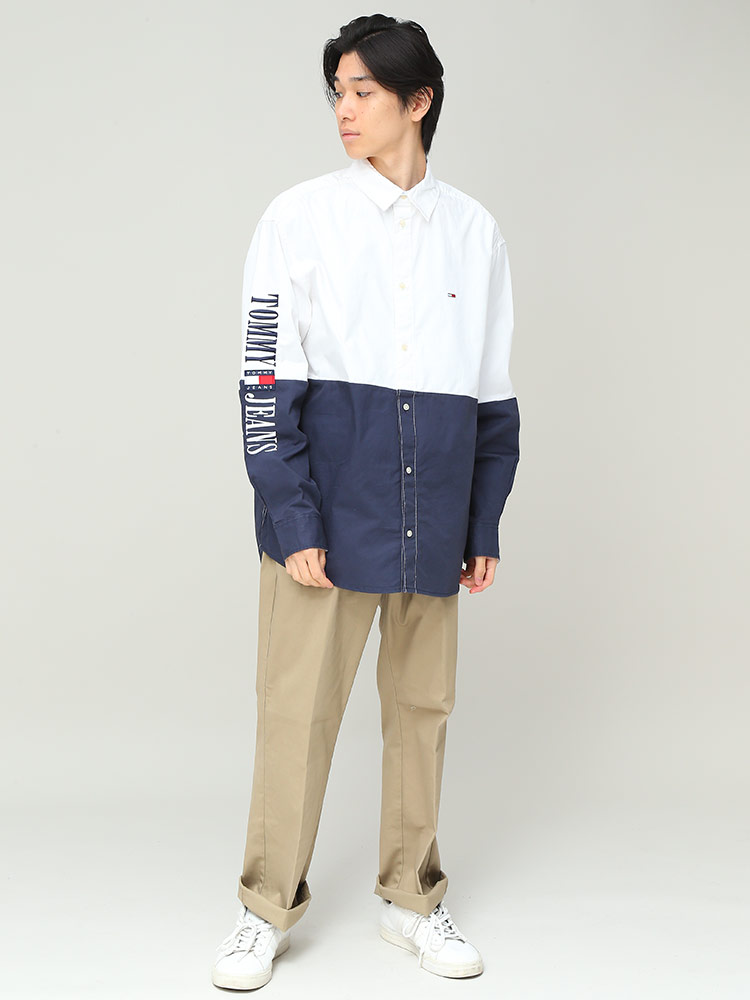 トミージーンズ シャツ TOMMY JEANS 長袖シャツ バイカラー ワン