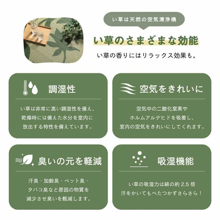 NSセレス い草 い草ラグ カーペット リーフ リーフ柄 和室 リビング 滑り止め お手入れ簡単 夏 抗菌防臭 調湿 消臭 空気清浄 汚れにくい_3