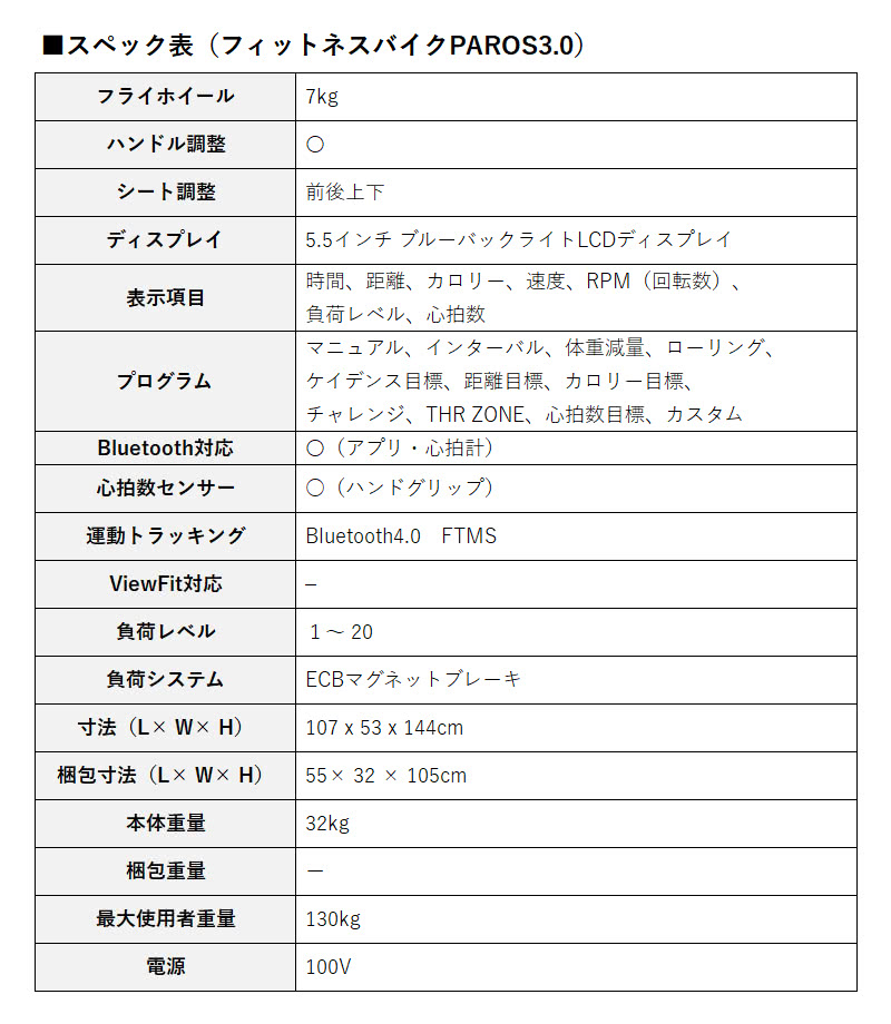 スペック表（フィットネスバイクPAROS3.0）
