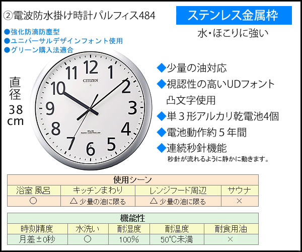 シチズン強化防滴 防塵型 防水電波掛け時計 パルフィス484シルバー