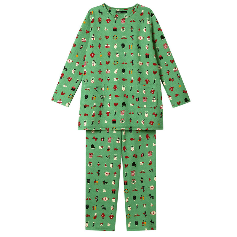 マタノアツコ シルクニットパジャマ M メロディダンス柄 絹 イエロー系