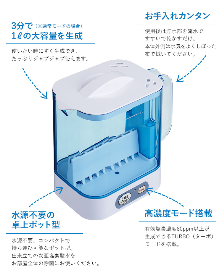 次亜塩素酸水 生成器 除菌 消臭 日本製 JIS規格 トリムジア 1L 貯槽式 