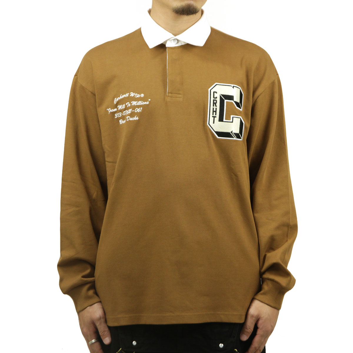 カーハート メンズ ラガーシャツ 正規品 CARHARTT WIP 長袖シャツ コットン LONG SLEEVE BROWN DUCKS RUGBY SHIRT HAMILTON BROWN/WHITE I033832 2IQXX