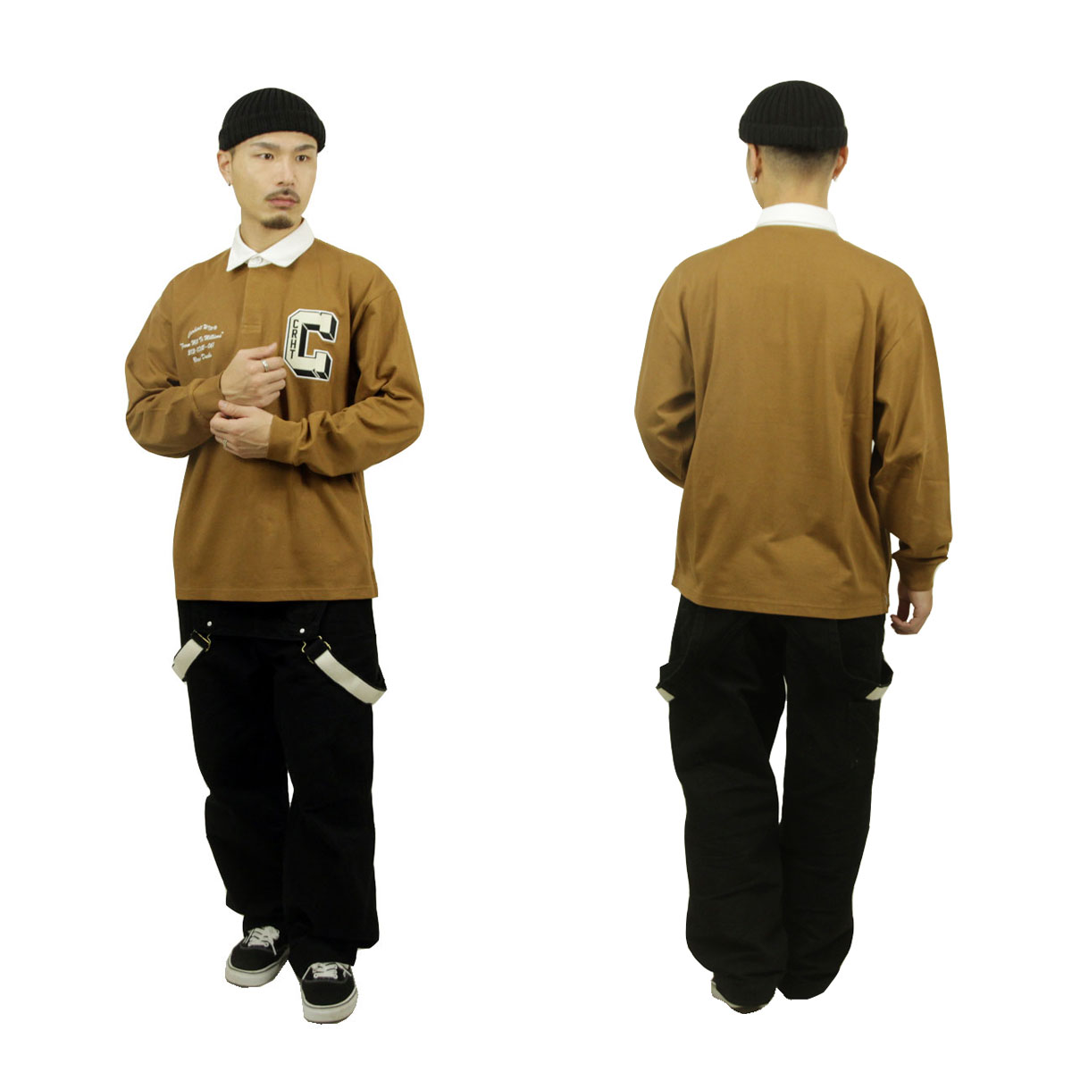 カーハート メンズ ラガーシャツ 正規品 CARHARTT WIP 長袖シャツ コットン LONG SLEEVE BROWN DUCKS RUGBY SHIRT HAMILTON BROWN/WHITE I033832 2IQXX