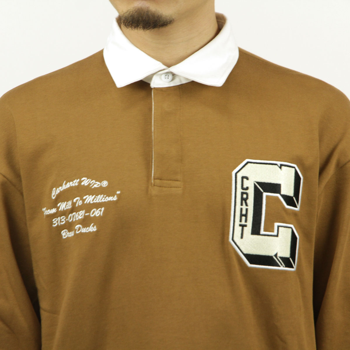 カーハート メンズ ラガーシャツ 正規品 CARHARTT WIP 長袖シャツ コットン LONG SLEEVE BROWN DUCKS RUGBY SHIRT HAMILTON BROWN/WHITE I033832 2IQXX