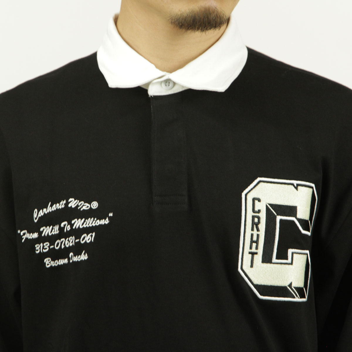 カーハート メンズ ラガーシャツ 正規品 CARHARTT WIP 長袖シャツ コットン LONG SLEEVE BROWN DUCKS RUGBY SHIRT BLACK/WHITE I033832 0D2XX