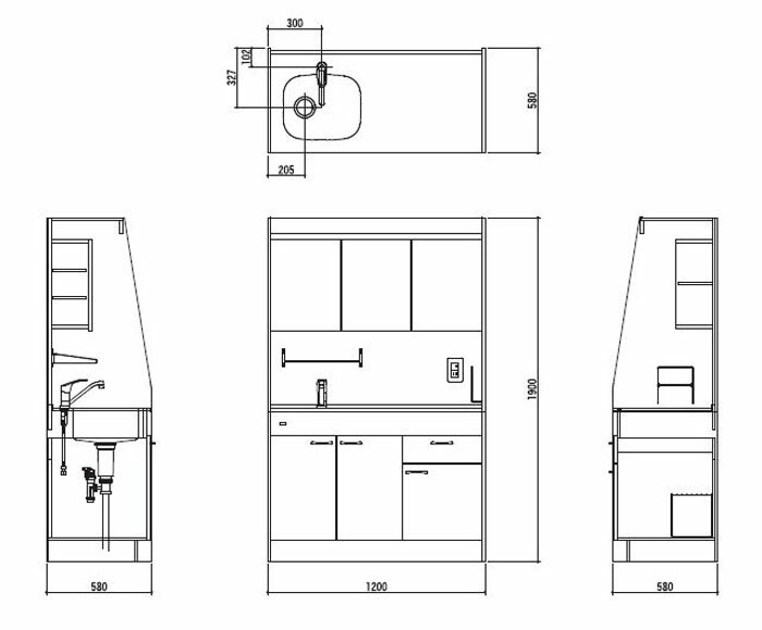 亀井製作所 給湯室キッチン オアシス1 間口120cm 標準仕様 W1200