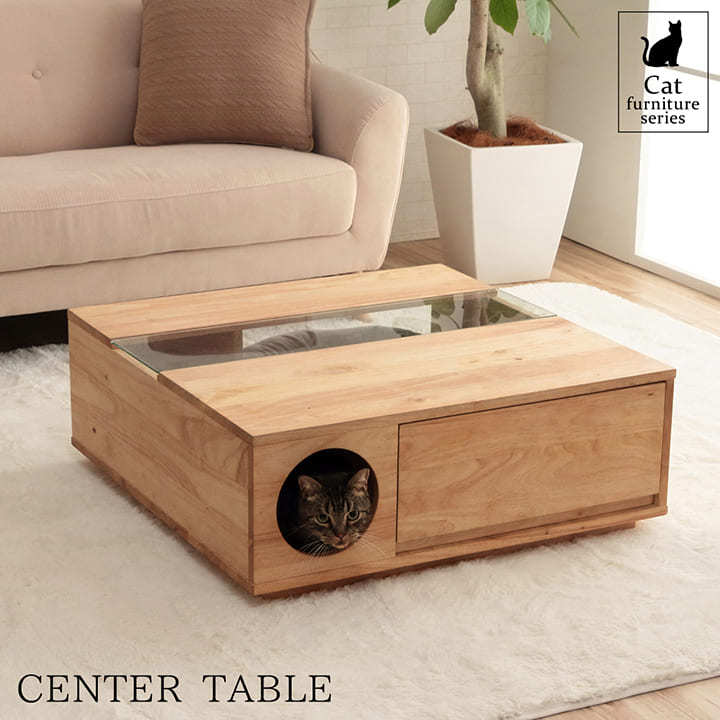 (値下げ)猫家具 ローテーブル　猫と一緒 ガラス 正方形 引き出し付き 猫家具 センターテーブル 80×80cm ローテーブル ネコ おしゃれ