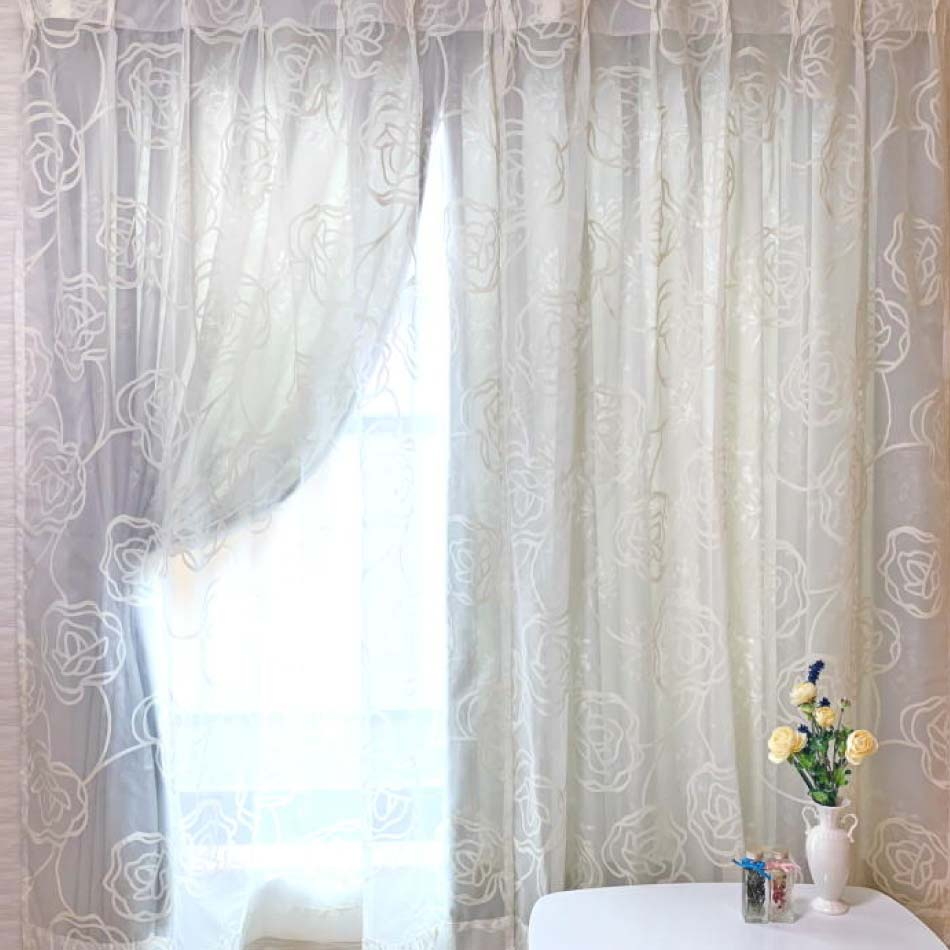 バラ柄 フロッキー ボイル レースカーテン ロザリー 100×108cm 2枚組 姫系 豪華 プリンセスカーテン ローズ 薔薇 ばら デザインカーテン