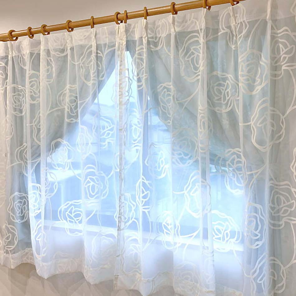 バラ柄 フロッキー ボイル レースカーテン ロザリー 100×108cm 2枚組 姫系 豪華 プリンセスカーテン ローズ 薔薇 ばら デザインカーテン