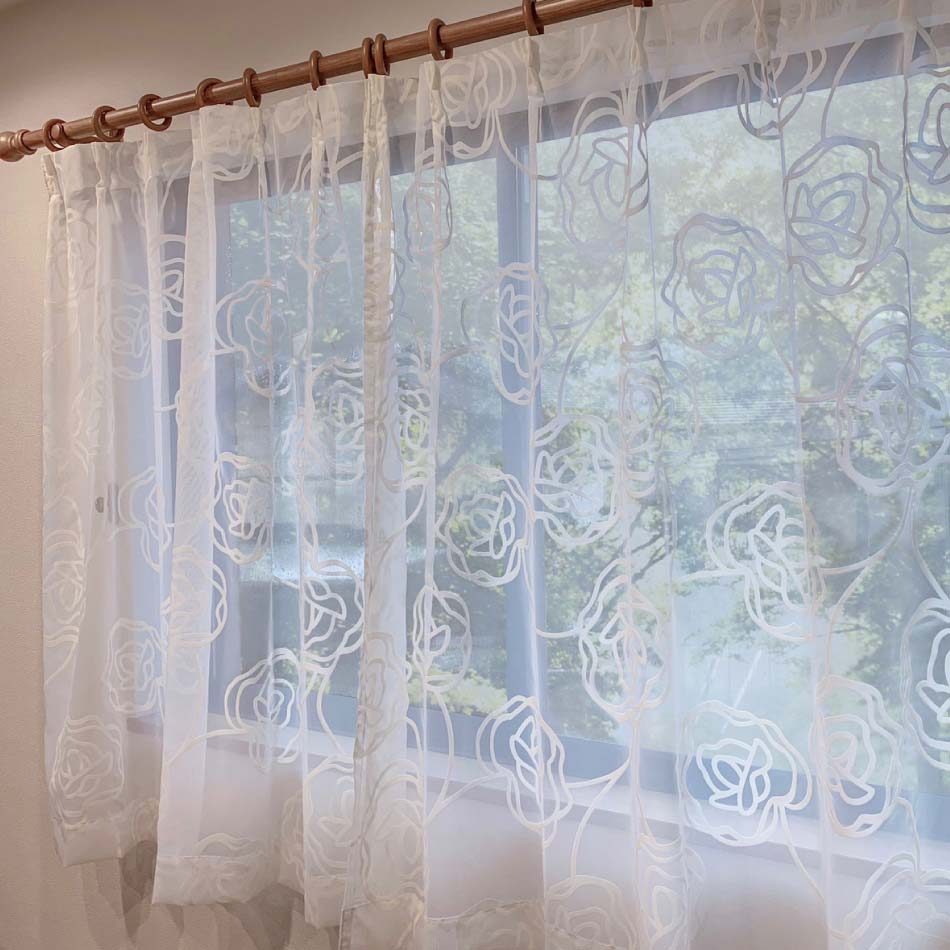 バラ柄 フロッキー ボイル レースカーテン ロザリー 100×108cm 2枚組 姫系 豪華 プリンセスカーテン ローズ 薔薇 ばら デザインカーテン