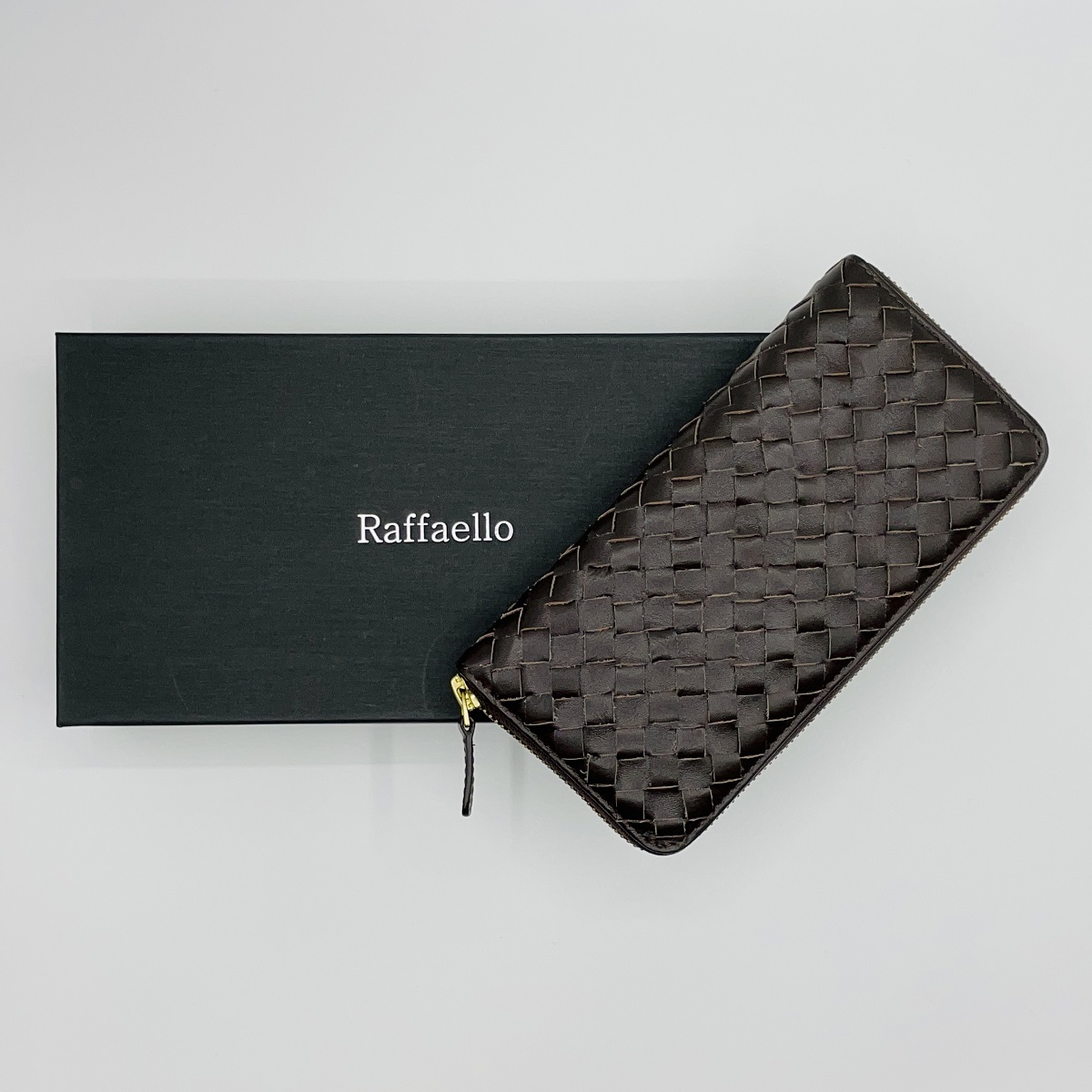 【在庫限り】Raffaello ラファエロ 限定デザイン 長財布 革職人 本革 編み込みレザー ラウンドファスナー ブラウン