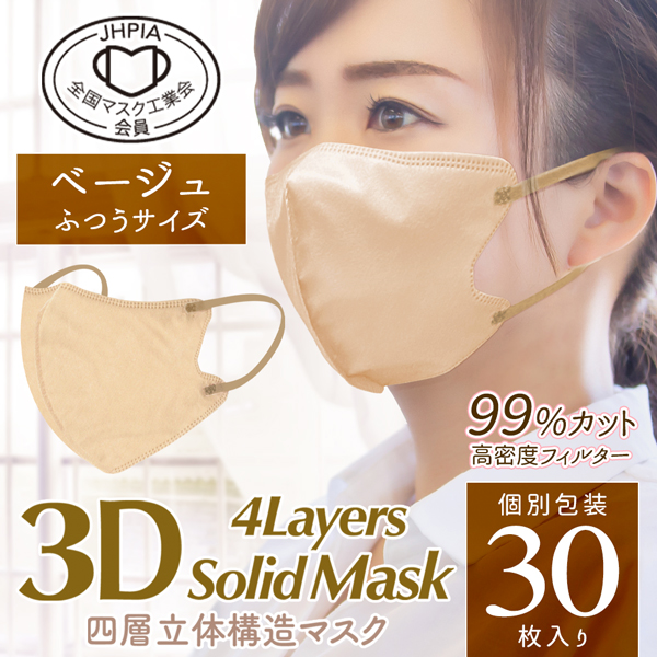 4層構造 不織布マスク 30枚入セット 個包装 カラーマスク 3D 立体設計 ふつう 小さめ 高密度フィルター 極薄パッケージ 全国マスク工業会 N◇ 3Dソリッドマスク｜i-shop777｜03