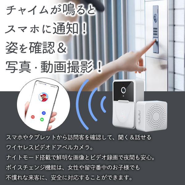 インターホン カメラ付き ワイヤレス テレビドアホン 充電式 Wi-Fi