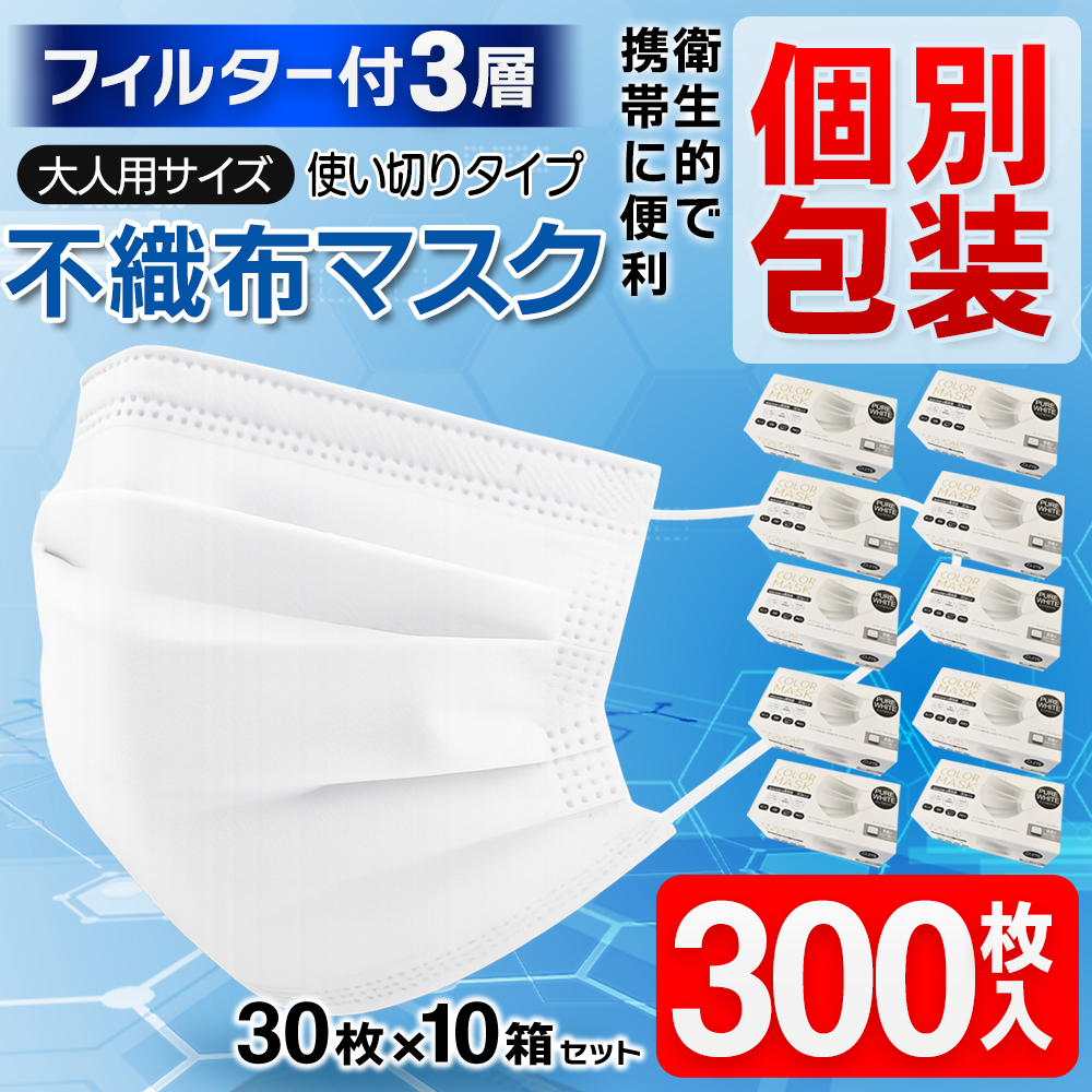 10箱セット】不織布マスク 大量 300枚セット 1枚ずつ個包装 携帯に便利