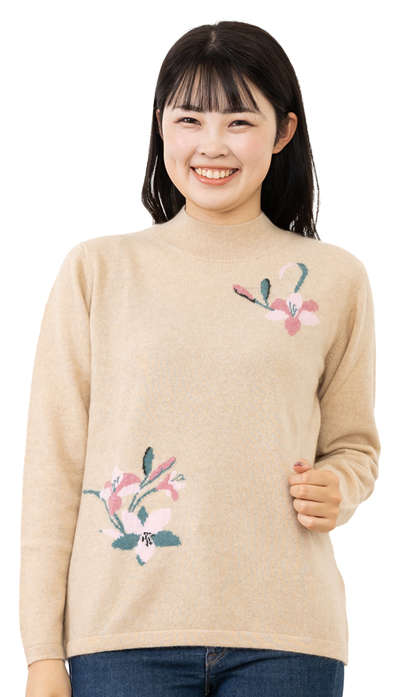【カシミヤ１００％試験鑑定済】【送料無料】カシミヤ１００％ハイネック花柄セーター(M〜L)(1705) カシミヤ100％試験鑑定済】【送料無料】カシミヤ100