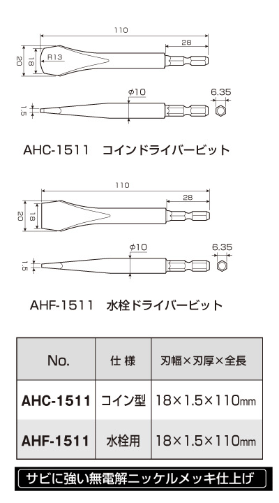 ANEX ANEX AHC1511 コインドライバー ビット 刃幅18mm 全長110mm