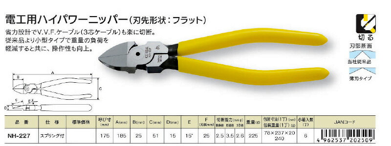 KEIBA 在庫数3 NH227 電工 ハイパワーニッパー フラット 175mm