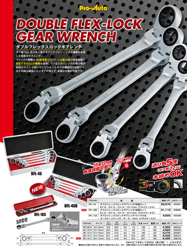 Pro-Auto DFL-3SP 3本組ダブルフレックス ロックギアレンチ （ポーチ
