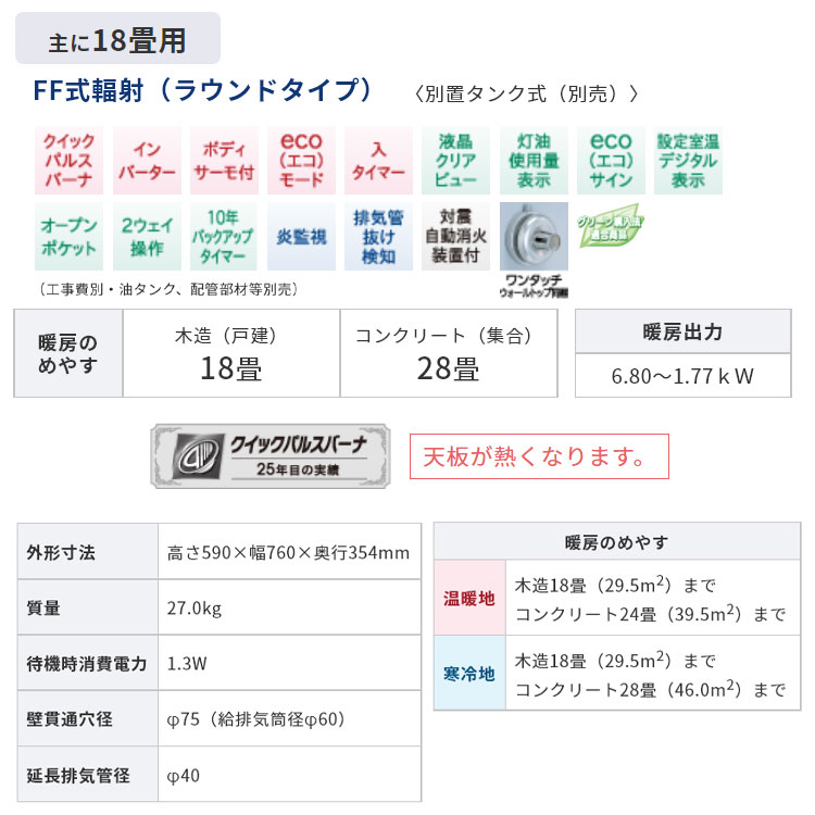 FF式ストーブ コロナ FF式 石油ストーブ PRシリーズ FF式輻射 ラウンドタイプ 輻射 灯油 ストーブ 暖房機 寒冷地用 タンク別置き 大型  主に18畳用 FF-6823PR